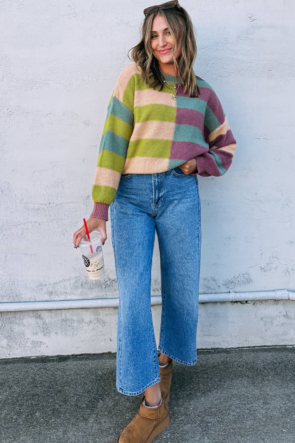 Green Stripe Drop Shoulder Ribbed Edge Casual Sweater
