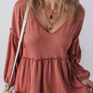 Mineral Red Solid Color Textured Frilled Trim V Neck Puff Sleeve Blouse