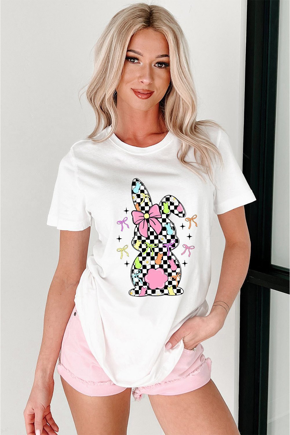 White Bowknot Checkerboard Bunny Graphic Easter T Shirt