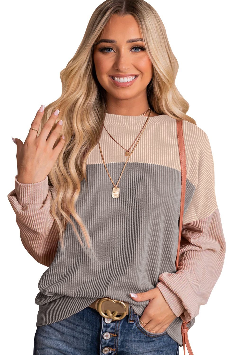 Multicolor Color Block Long Sleeve Ribbed Loose Top