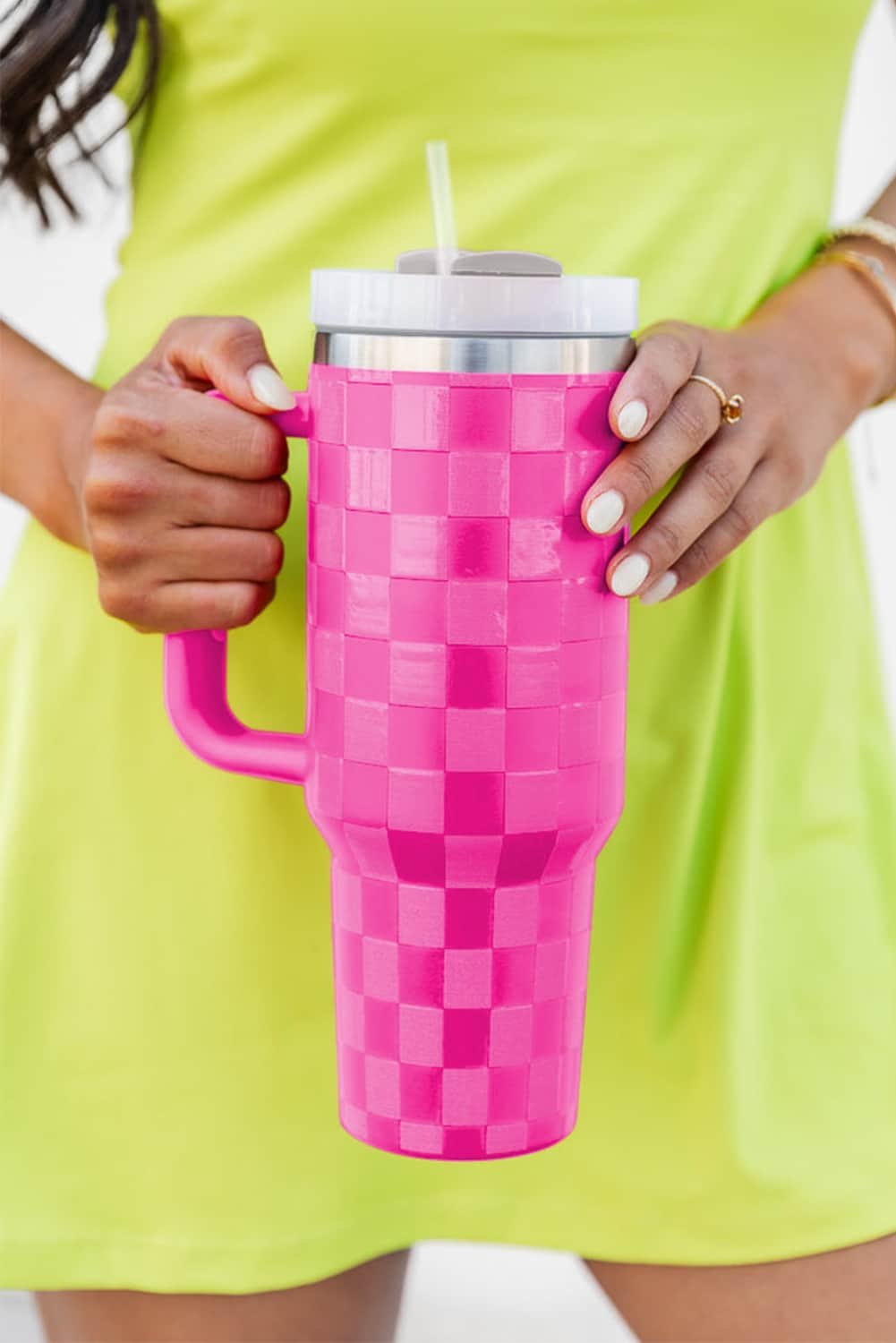 Dark Pink Checkered Print Handled Stainless Steel Tumbler Cup 40Oz
