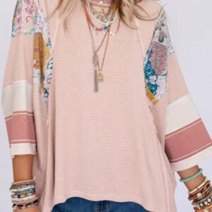 Pink Printed Pinstriped Color Block Patchwork Oversized Top