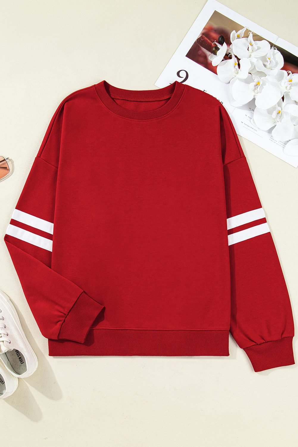 Fiery Red Varsity Striped Detail Crew Neck Plus Sweatshirt