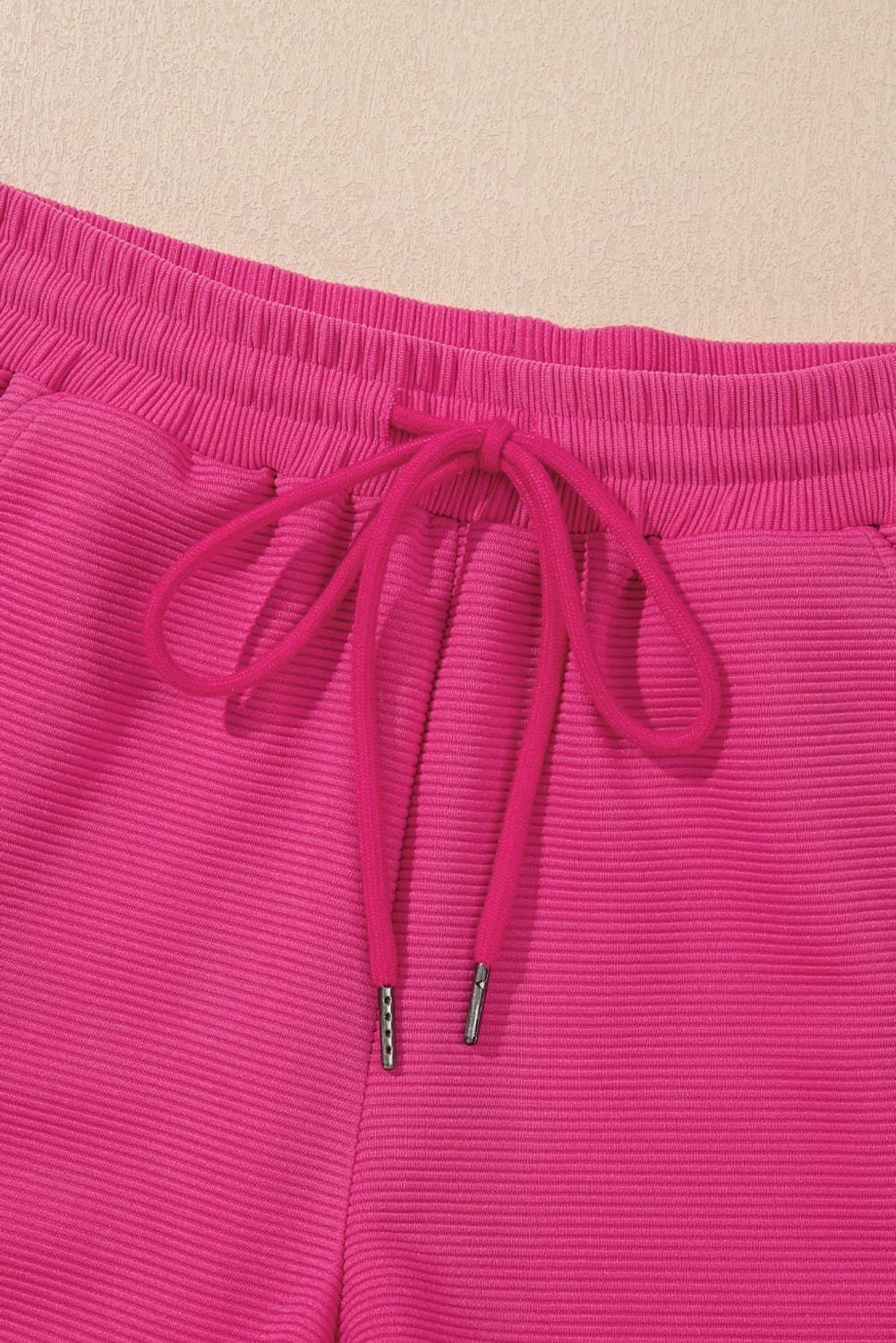 Strawberry Pink Striped Detail Flutter Sleeve Zipped Collar Short Set