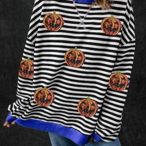 Black Stripe Funny Halloween Pumpkin Face Pattern Oversize Sweatshirt