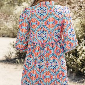 Sky Blue Abstract Printed Long Sleeve Tied Neckline Mini Dress