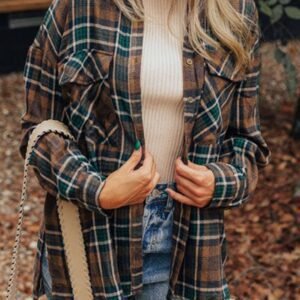 Brown Plaid Print Chest Pockets Buttoned Shirt Jacket