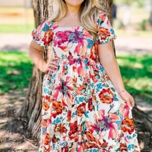 White Floral Square Neck Puff Sleeve Flowy Plus Size Midi Dress