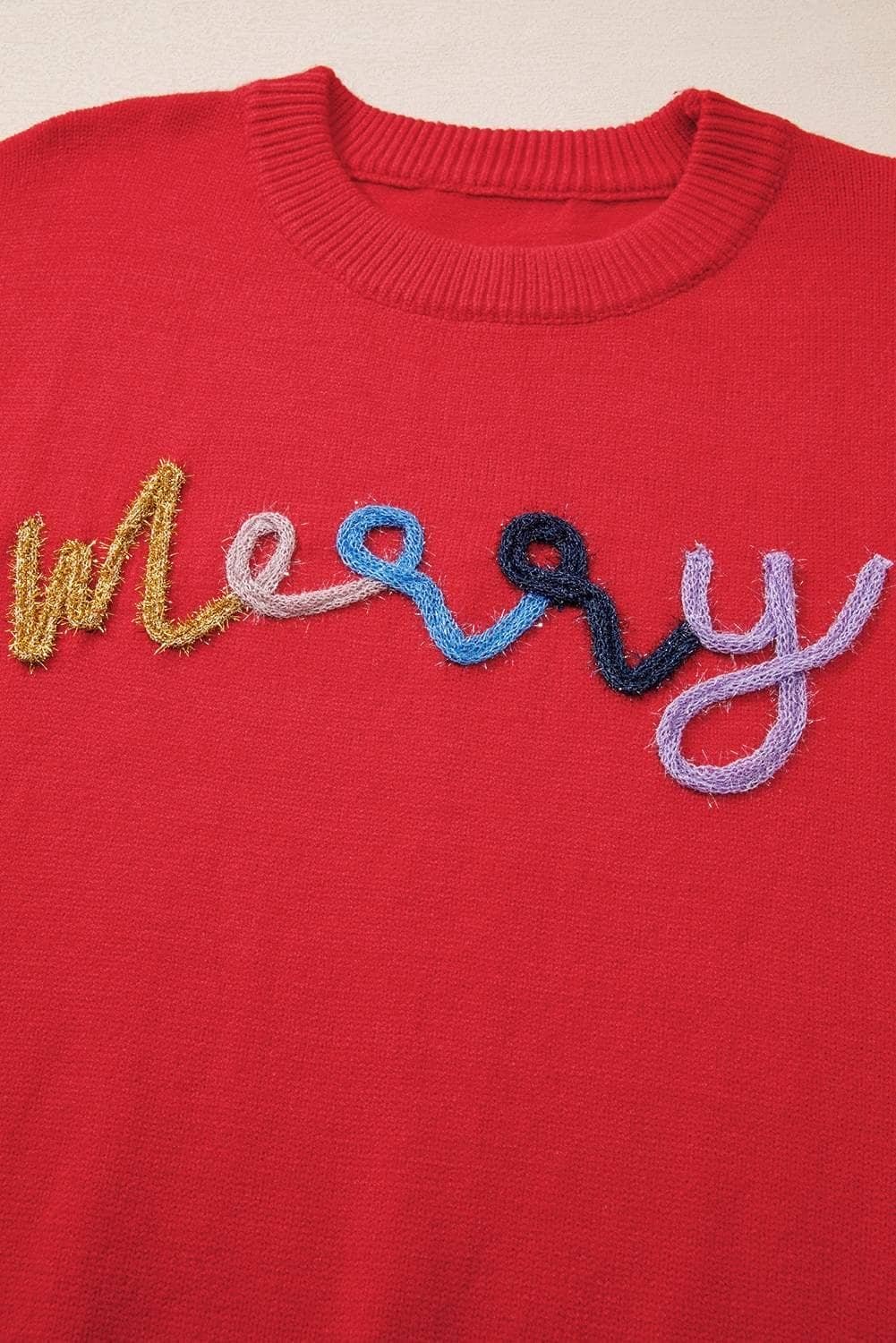 Fiery Red Tinsel Merry Pattern Drop Shoulder Plus Size Sweater