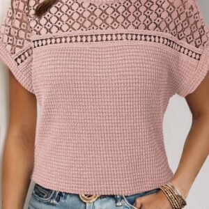 Light Pink Lace Patchwork Waffle Short Sleeve Top