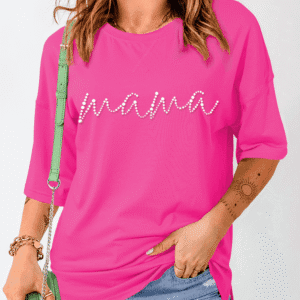 Rose Red Rhinestoned Mama Graphic Drop Shoulder Half Sleeve Tee
