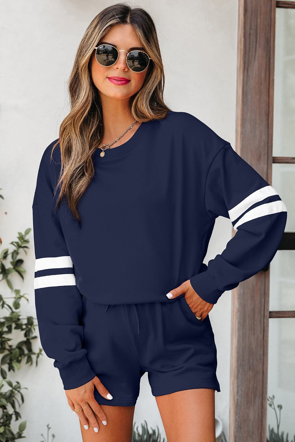 Navy Blue Varsity Striped Sleeve Drop Shoulder Sweatshirt And Short Set