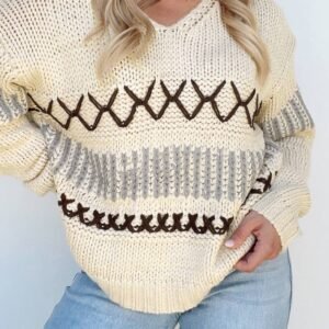 Parchment Contrast Stitch Detail V Neck Drop Shoulder Sweater