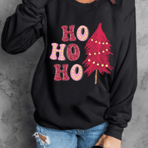 Black Ho Ho Ho Christmas Tree Graphic Pullover Sweatshirt