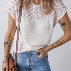 White Eyelet Knit Tied Back Short Sleeve Sweater