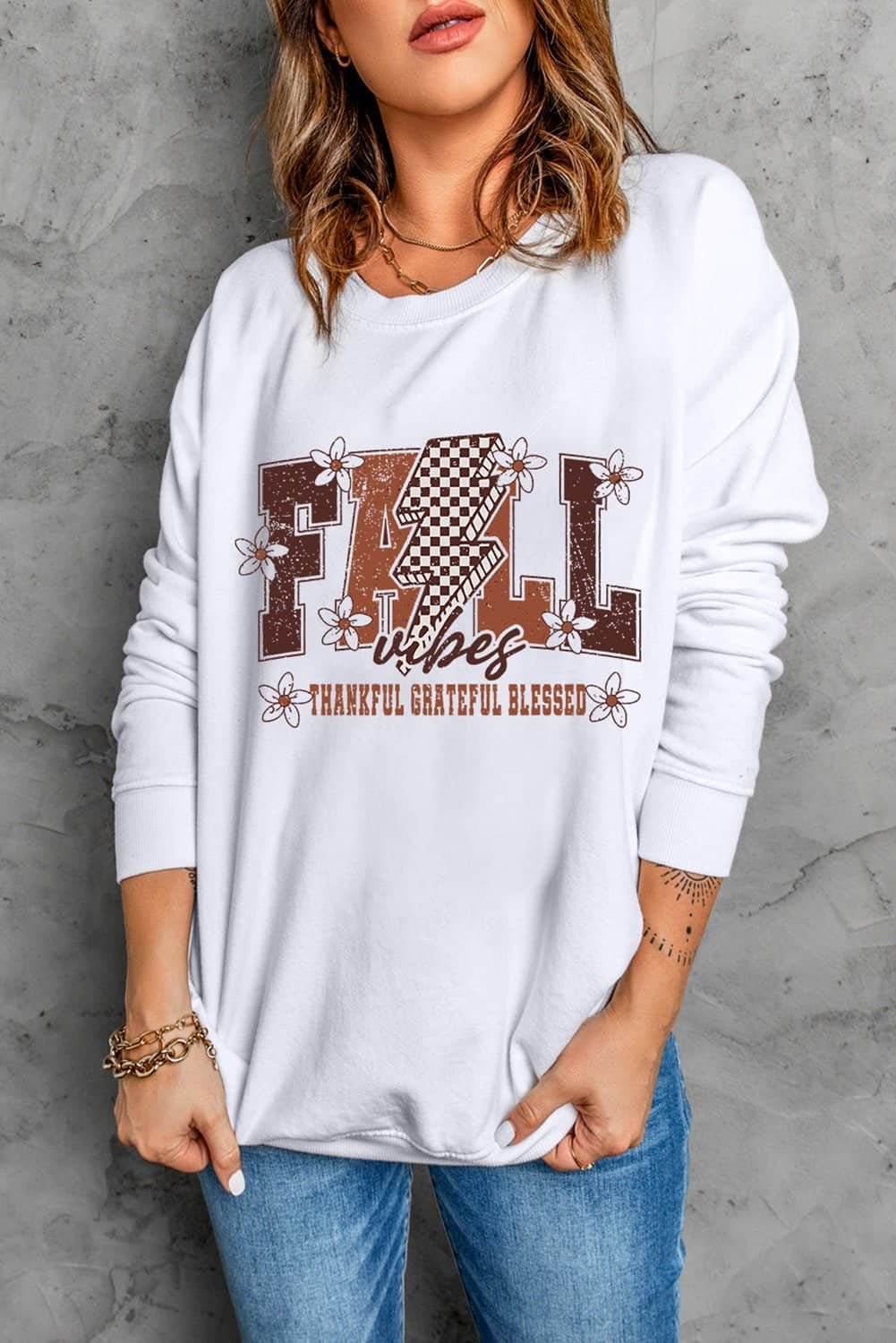 White Fall Thankful Graphic Drop Shoulder Sweatshirt