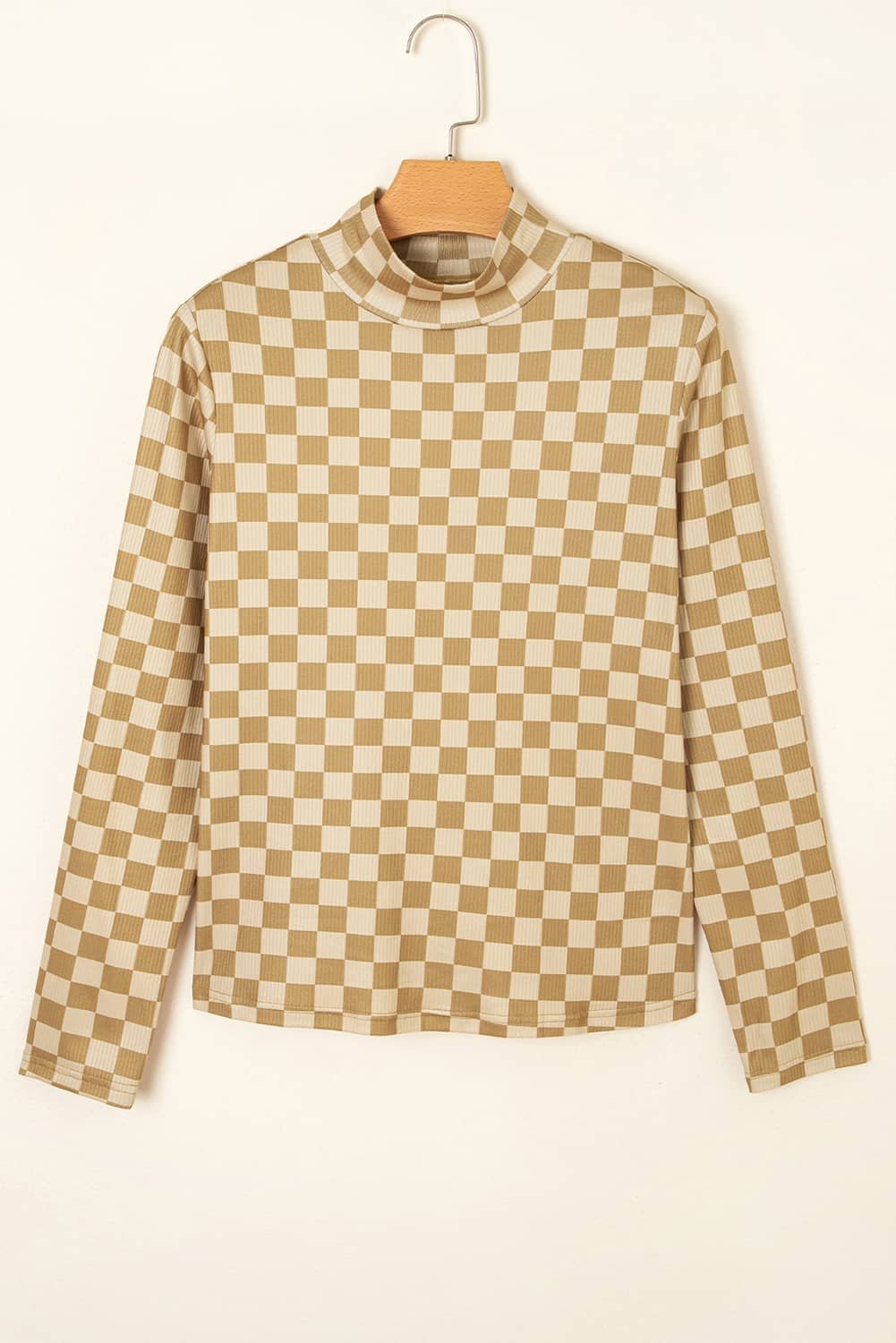 Khaki Check Pattern Turtleneck Ribbed Slim Long Sleeve Tee