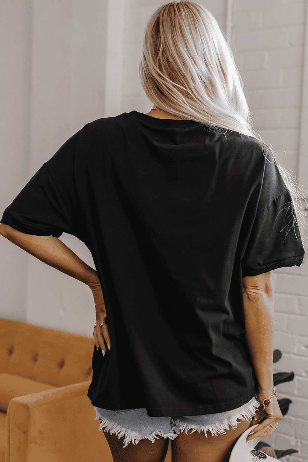 Black Guitar Music Notes Patched Graphic Oversize Tee