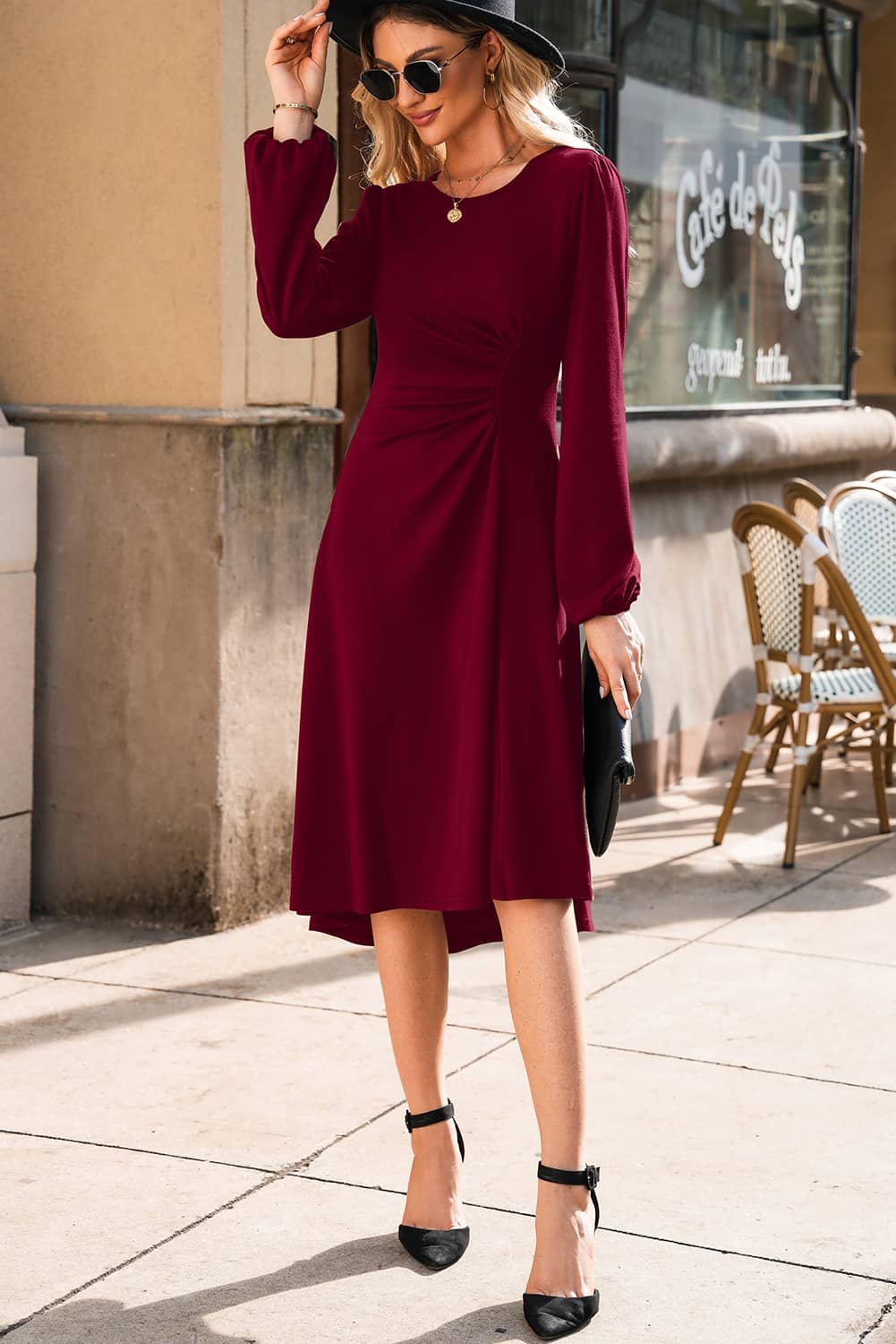 Burgundy Solid Color Ruched Detail Long Sleeve Midi Dress