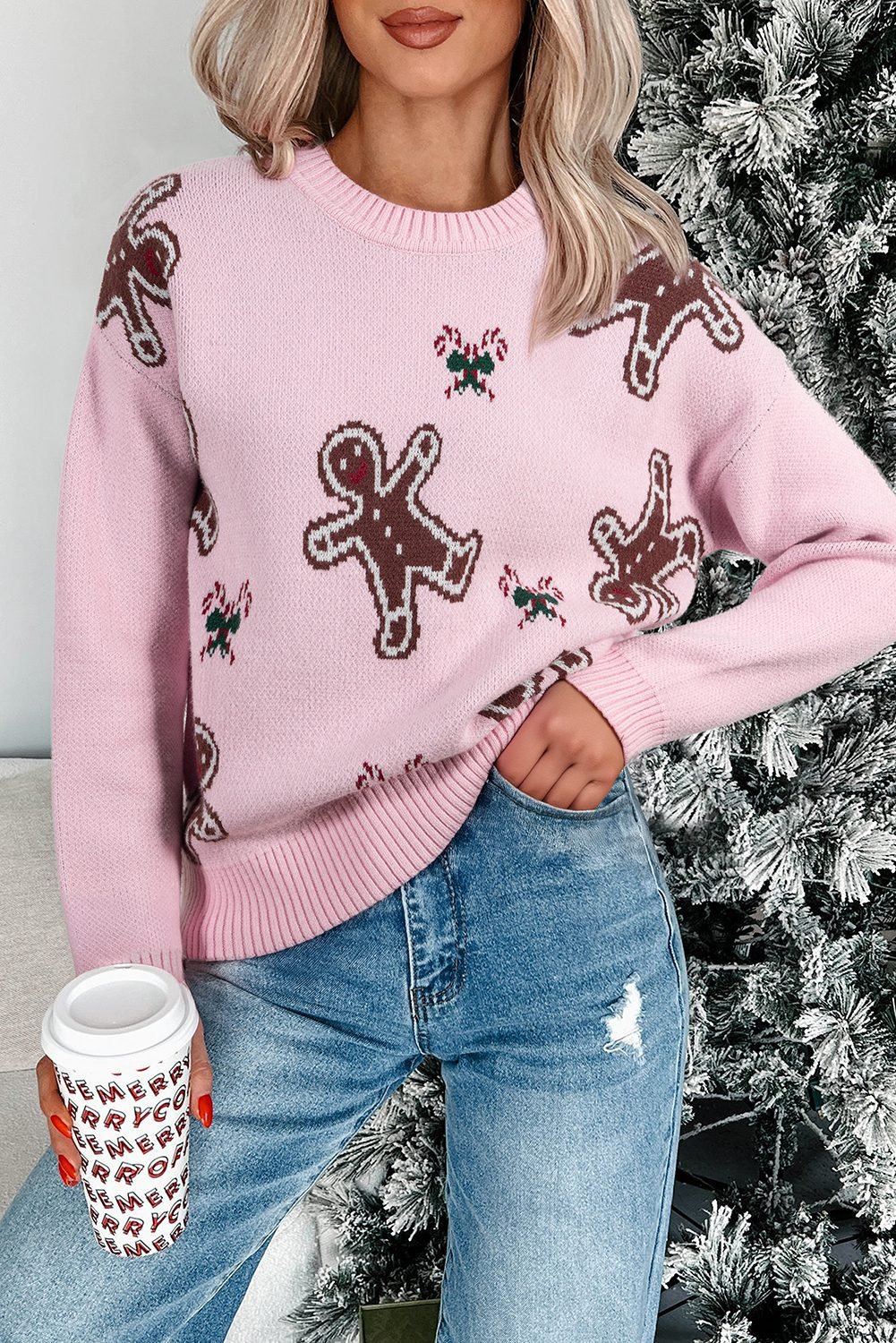 Pink Christmas Ginger Bread Man Print Round Neck Casual Sweater