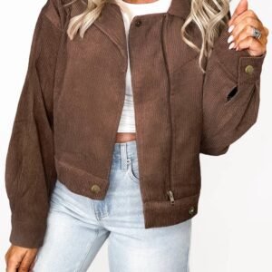 Dark Khaki Button Zip Up Lapel Collar Corduroy Jacket