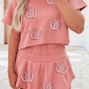 Blossom Sequin Horse Shoe Cropped Tee And High Waist Skort Set