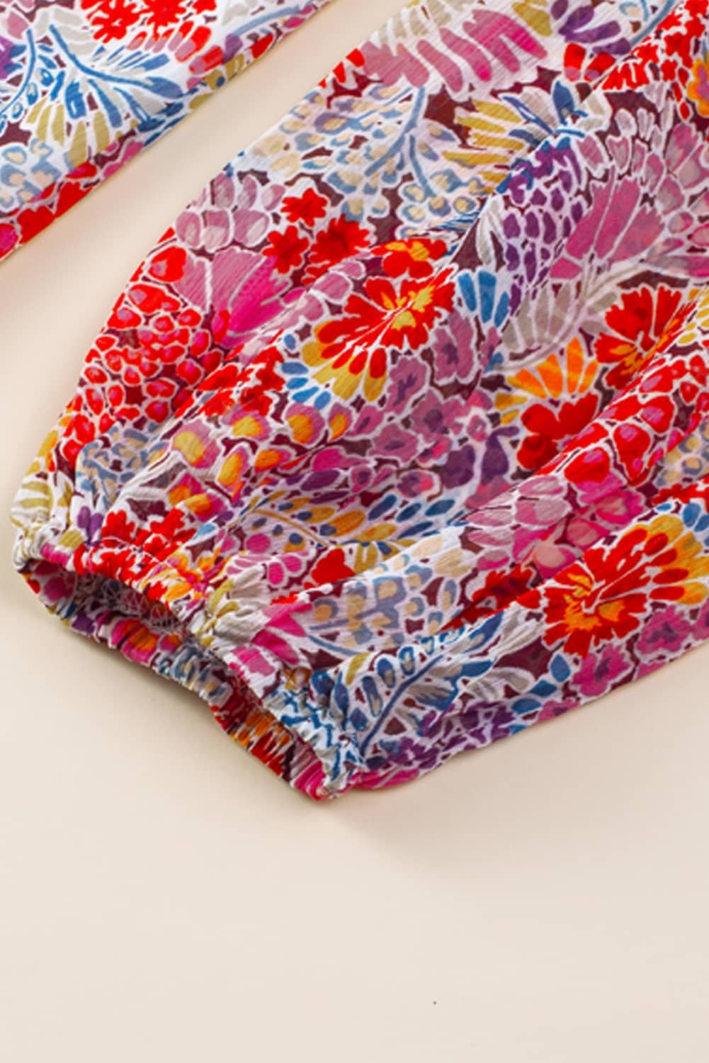 Fiery Red White Floral Print V Neck Long Puff Sleeve Top