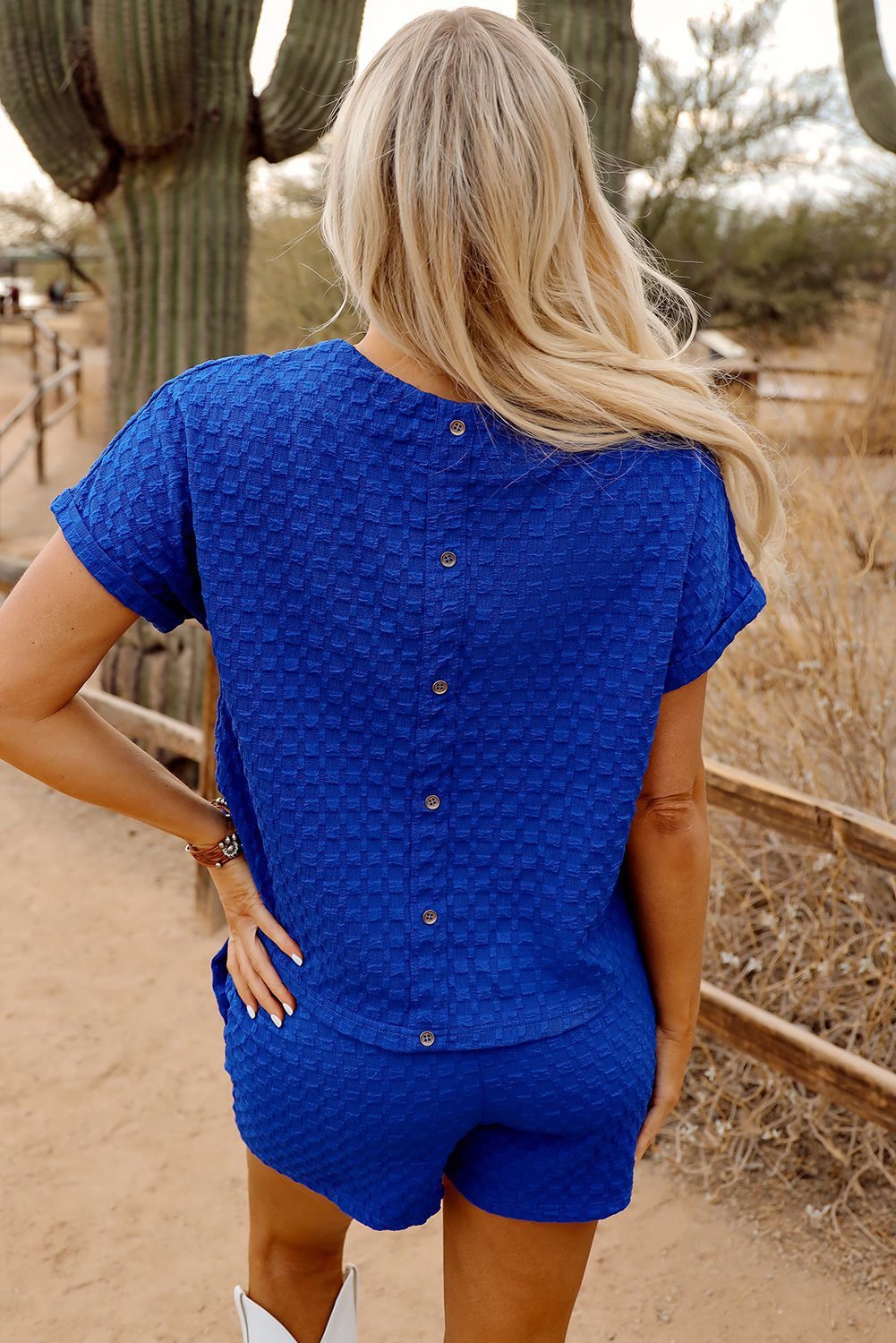 Sky Blue Textured Usa Flag Doughnut Graphic Buttoned Back Tee And Shorts