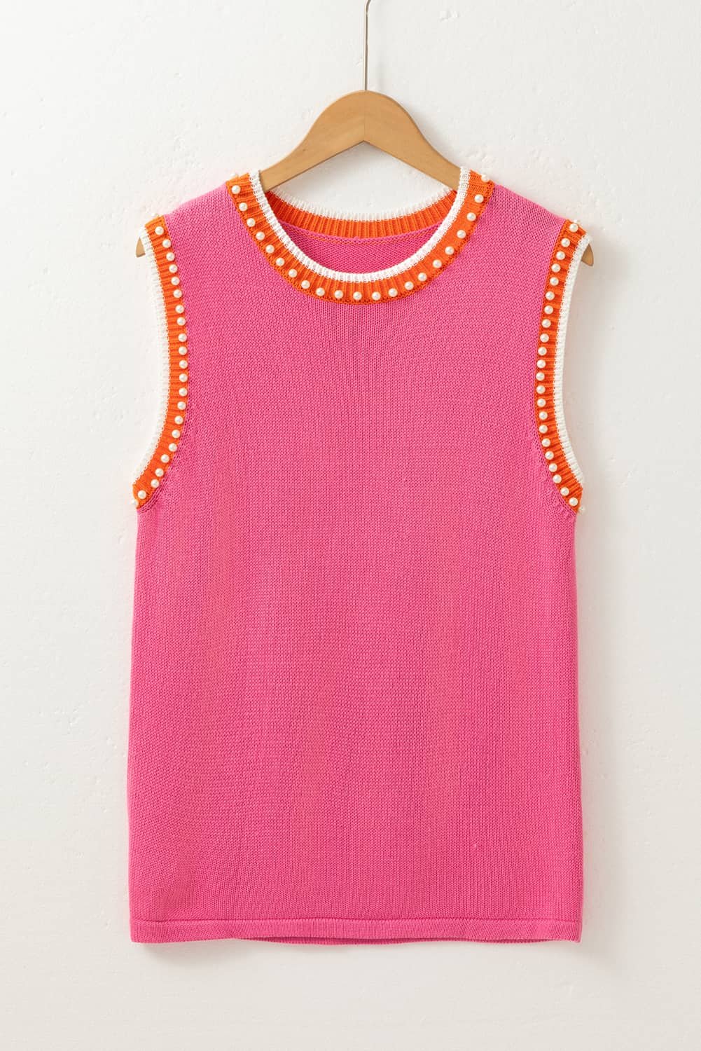 Bright Pink Contrast Trim Pearl Detail Sweater Tank Top