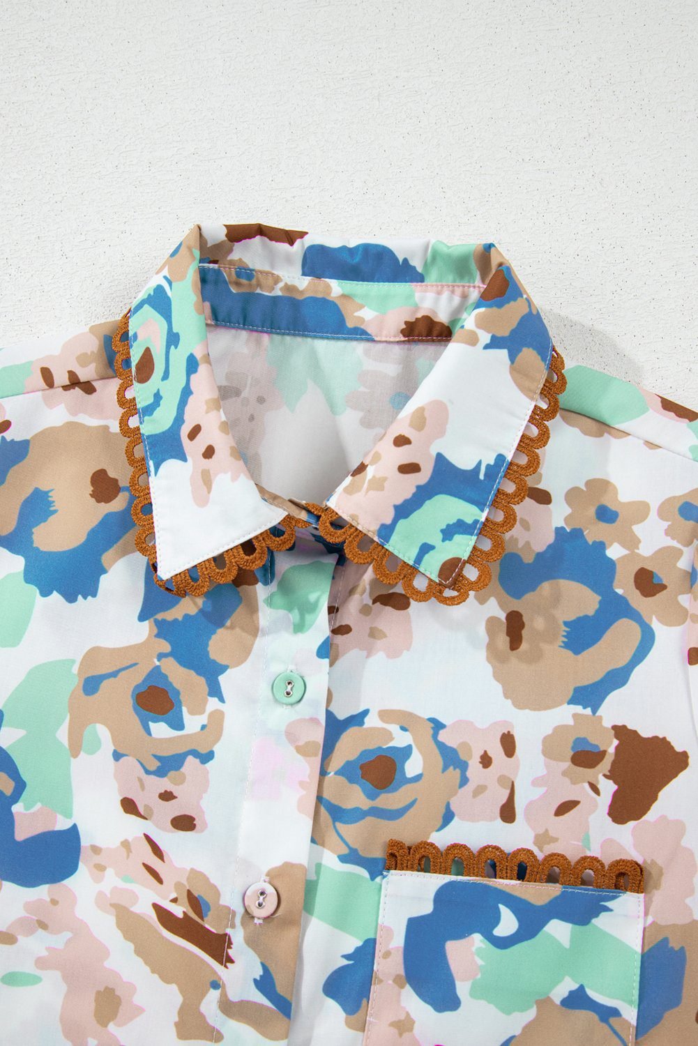 Multicolour Floral Print Ricrac Trim Collared Puff Short Sleeve Shirt