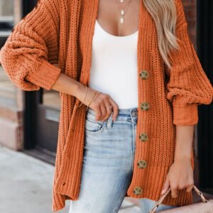 Gold Flame Button Front V Neck Chunky Cardigan Sweater