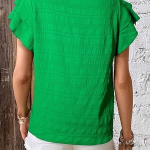 Dark Green Textured Ruffled Sleeve Round Neck Top