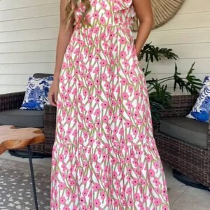 Pink Plus Size Ruffle Trim Square Neck High Waist Floral Maxi Dress