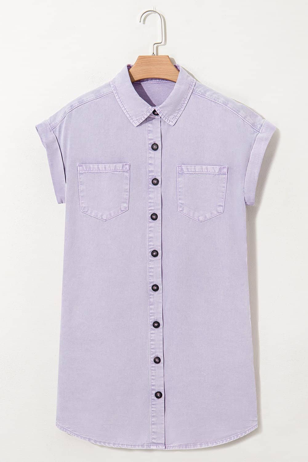 Orchid Petal Short Sleeve Double Chest Pocket Denim Shirt Dress