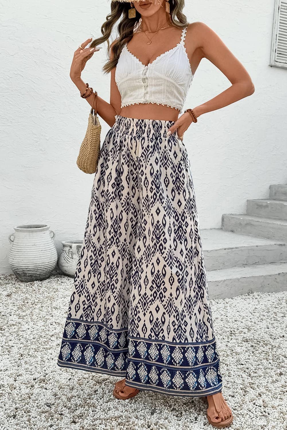 Blue Boho Pattern Print High Waist Wide Leg Loose Pants
