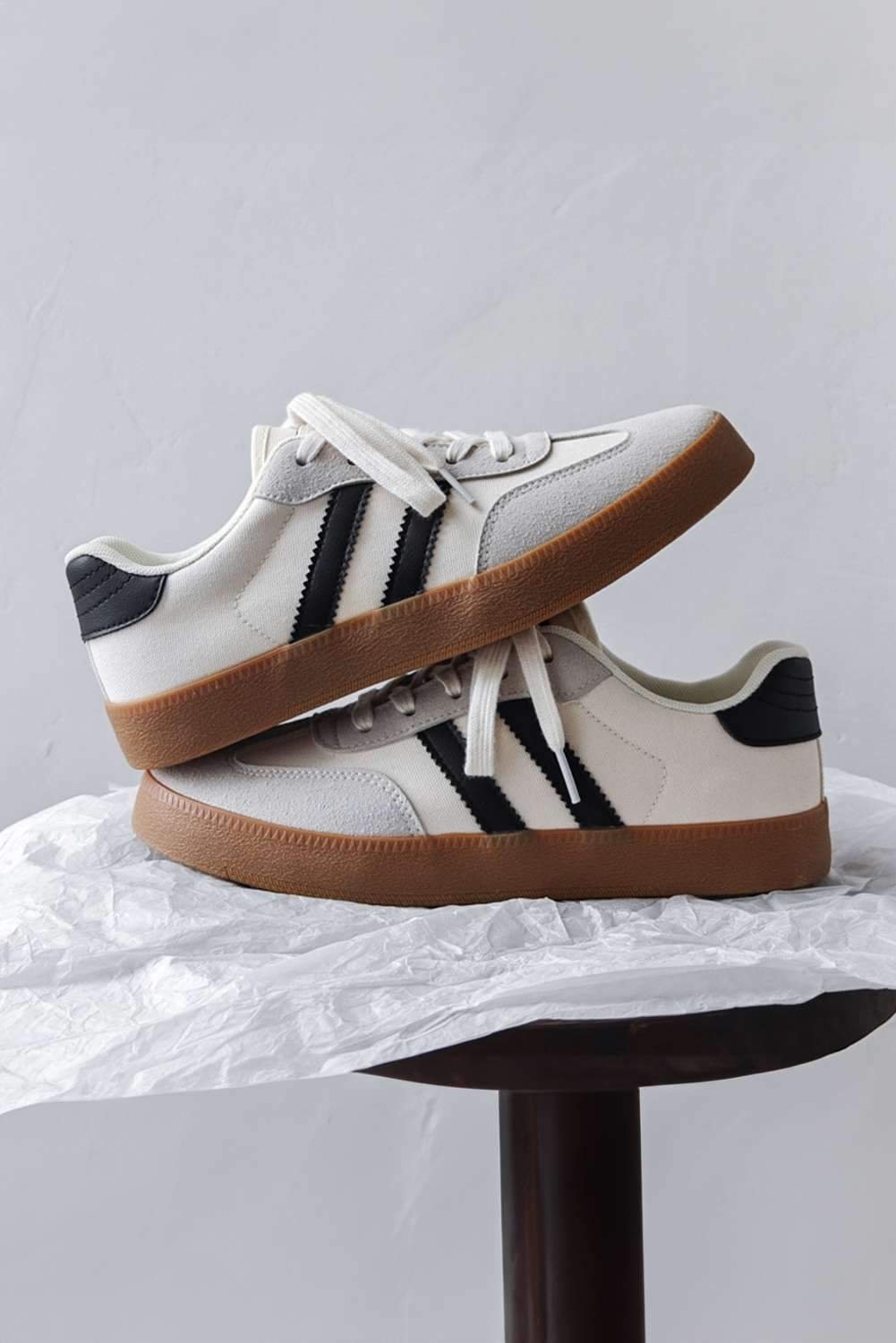 White Striped Lace-Up Flat Sneakers