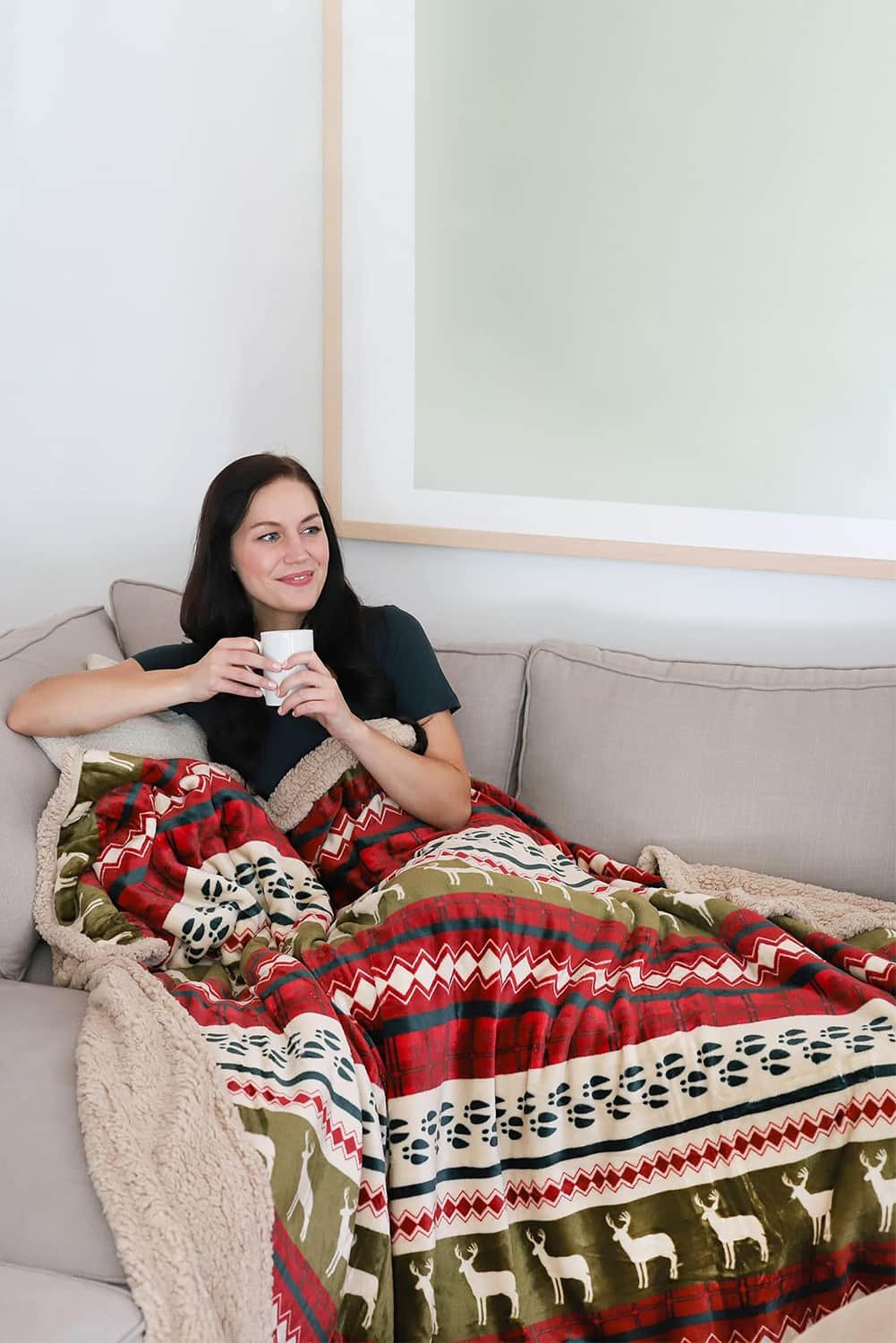 Dark Green Christmas Elk Print Reversible Sherpa Fleece Blanket 130*150Cm