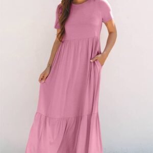 Pink Solid Color T-Shirt High Waist Pocketed Long Dress