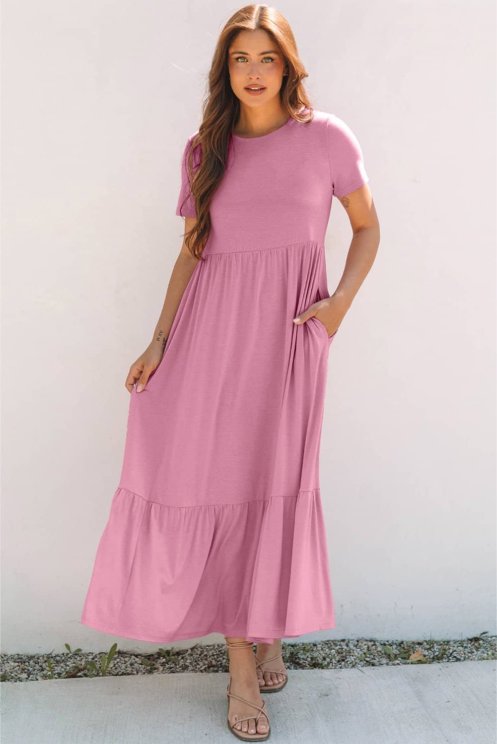 Pink Solid Color T-Shirt High Waist Pocketed Long Dress