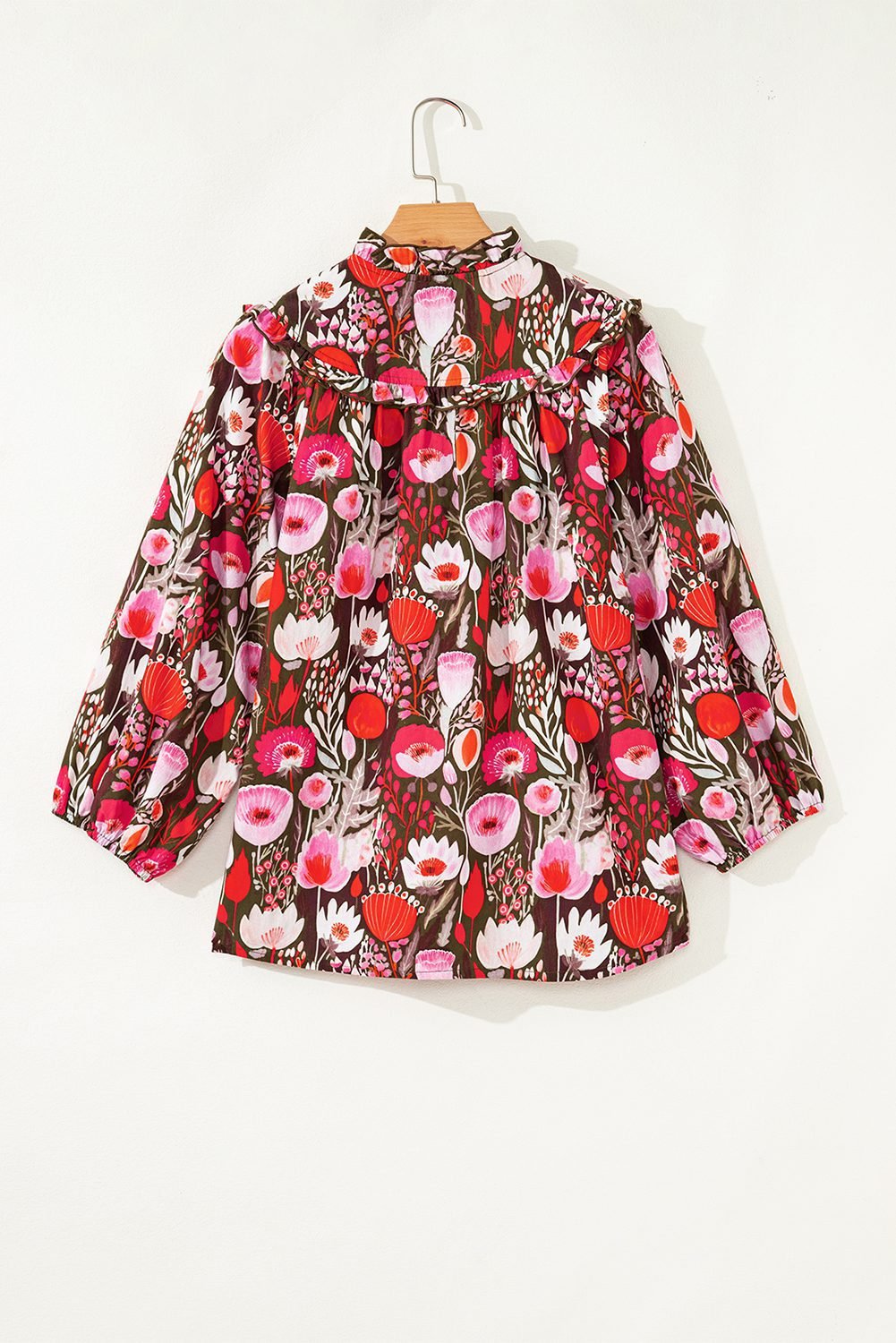 Red Floral Three Quarter Sleeve Lace-Up Neck Blouse