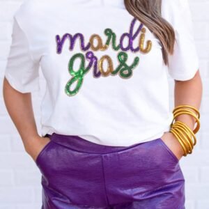 White Sequin Mardi Gras Graphic Plus Size T Shirt
