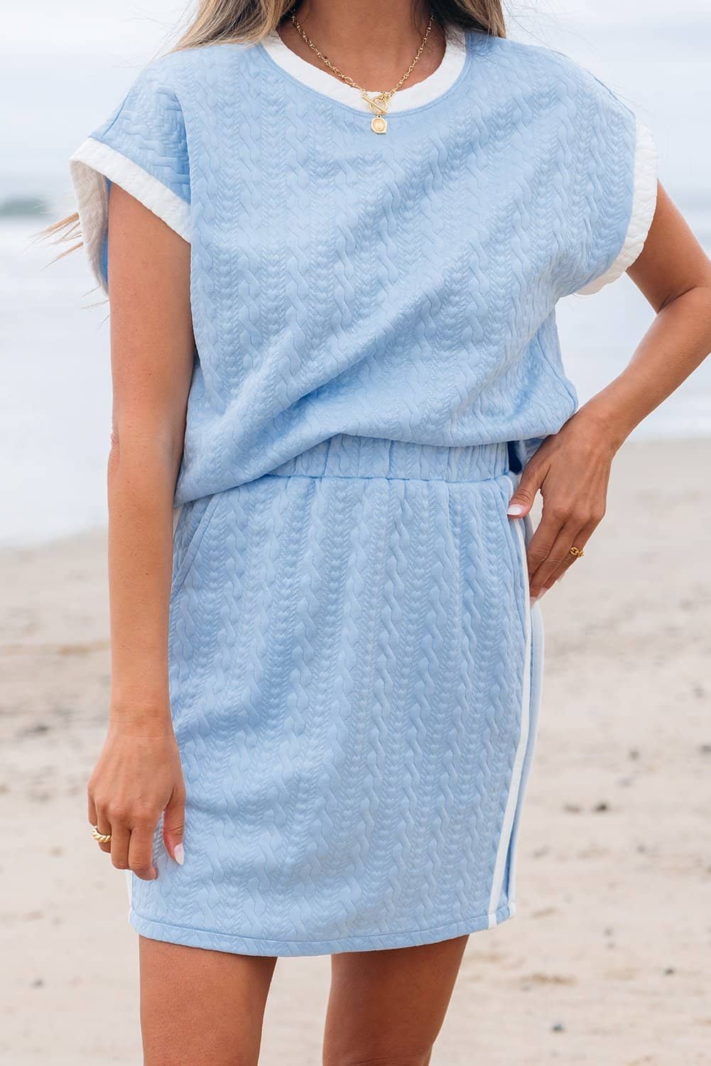 Beau Blue Contrast Trim Textured Crewneck Tee And Pocketed Skirt Set