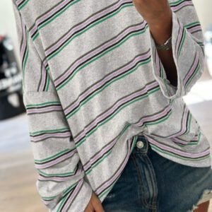 Purple Stripe Oversize Drop Shoulder Long Sleeve Casual Top