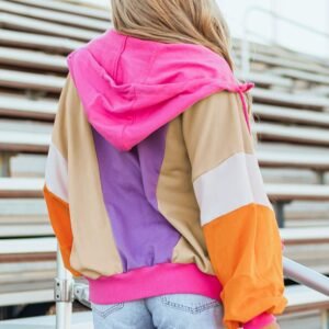 Grapefruit Orange Oversized Colorblock Patchwork Full Zipped Hoodie