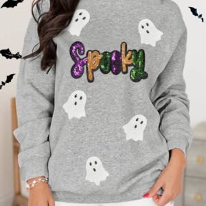 Gray Spooky Halloween Ghost Sequin Patched Sweatshirt