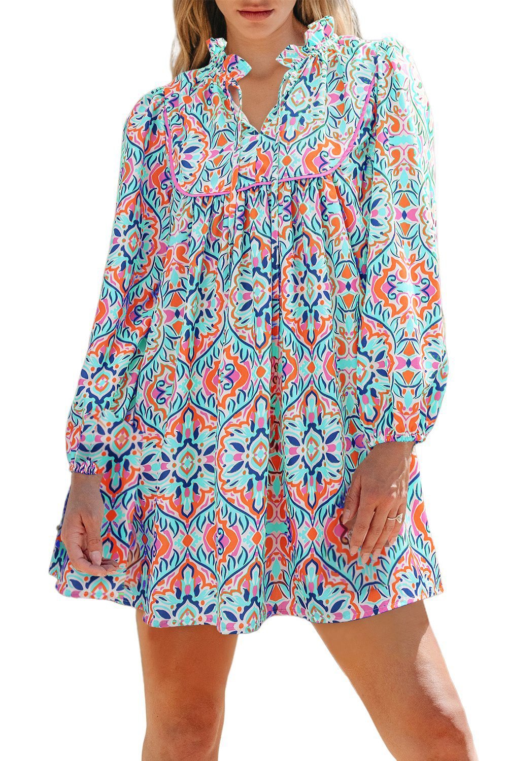 Sky Blue Abstract Printed Long Sleeve Tied Neckline Mini Dress