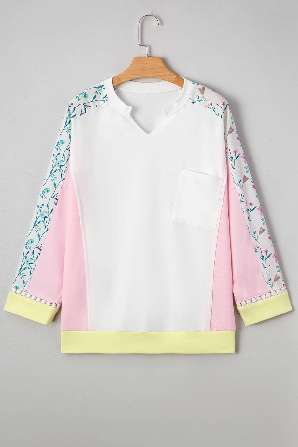 White Floral Colorblock Patchwork Chest Pocket Notched Neck Long Sleeve Top