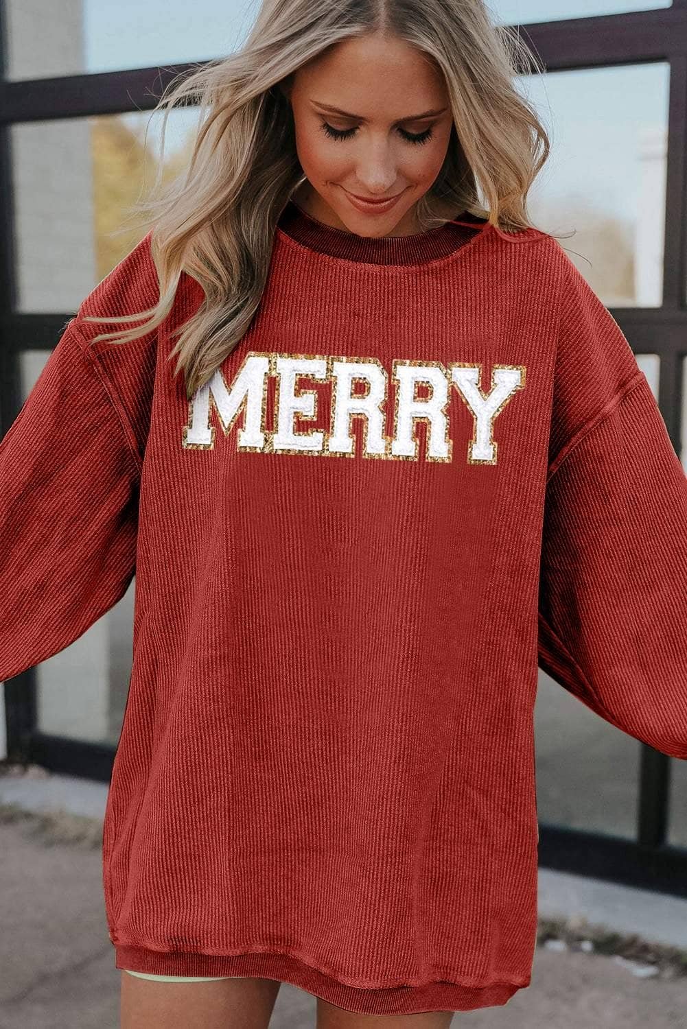 Racing Red Merry Graphic Corded Christmas Sweatshirt