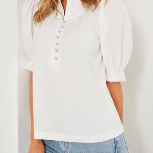White Frilled Edge Half Button Stand Neck Bubble Sleeve Blouse