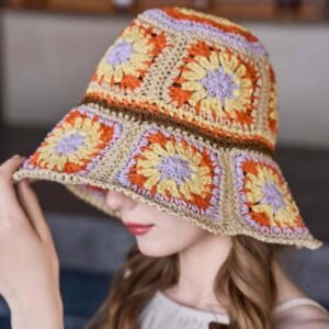 Beige Boho Flower Crochet Wide Brim Buckle Hat
